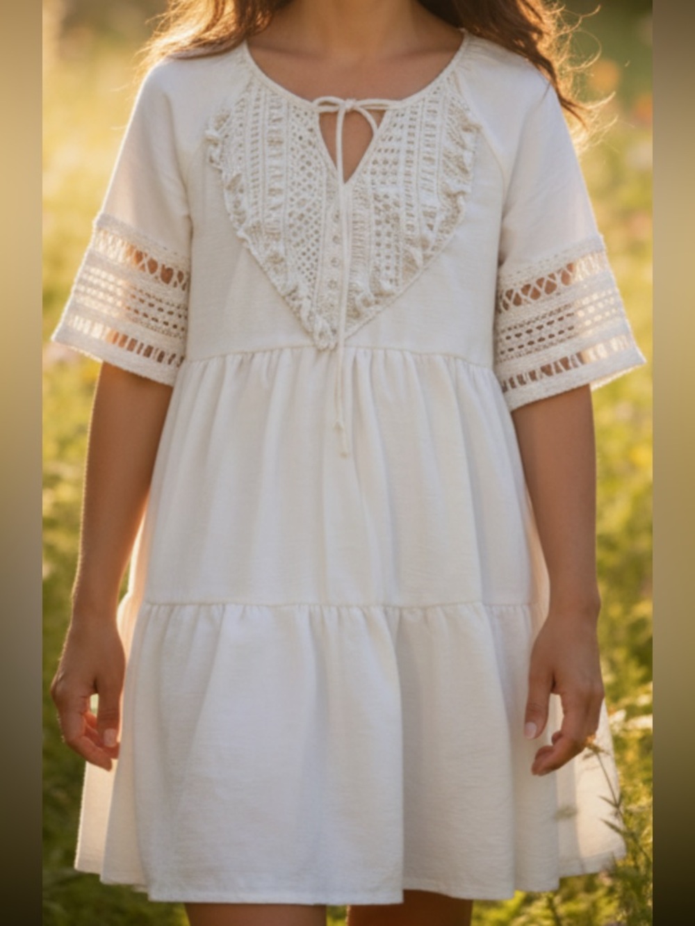 Women’s XL-XxLCream Boho Tiered Dress with Crochet Yoke